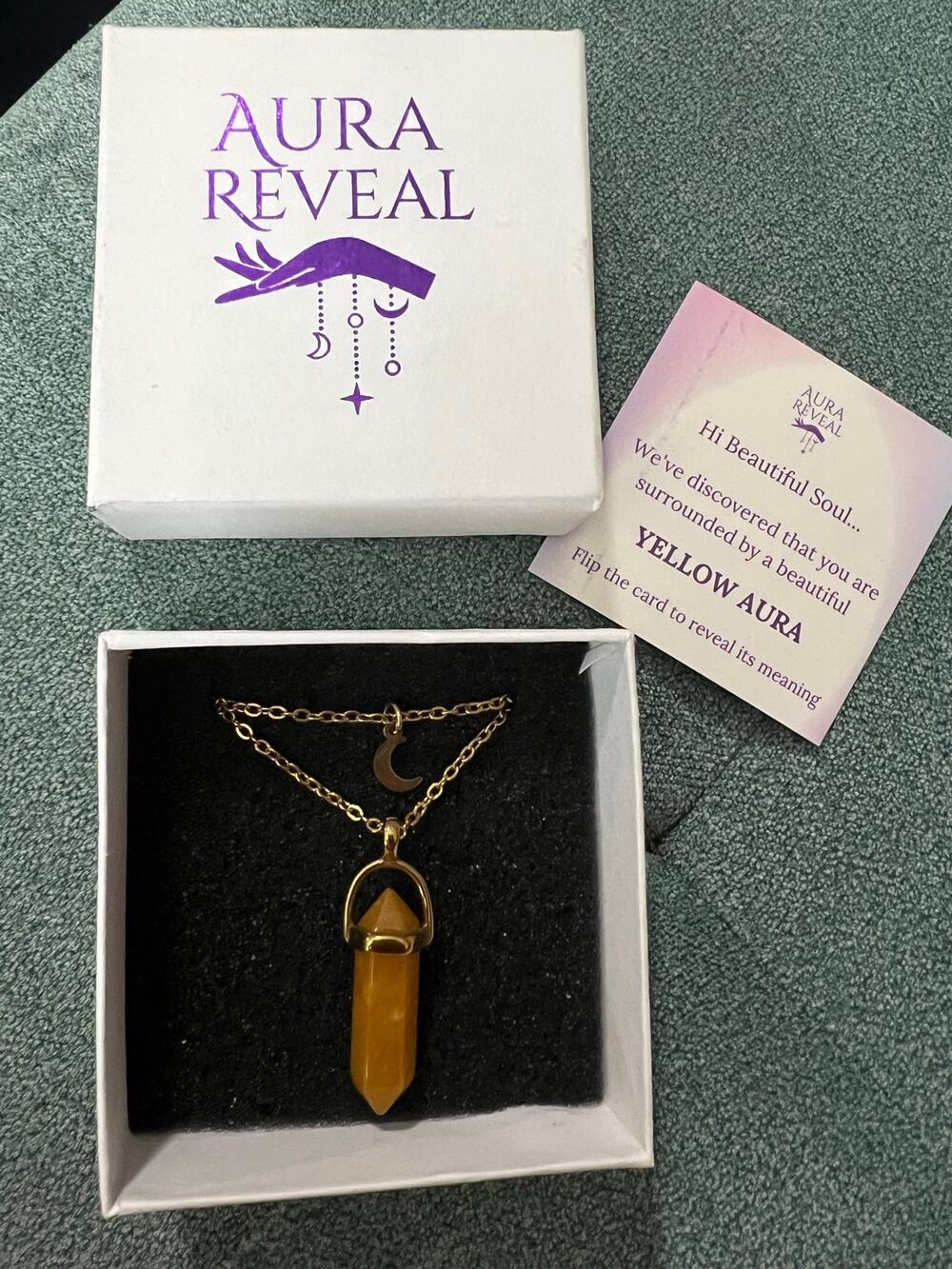 NIB Aura Reveal Yellow Aura Crystal Point Pendant Necklace Gold